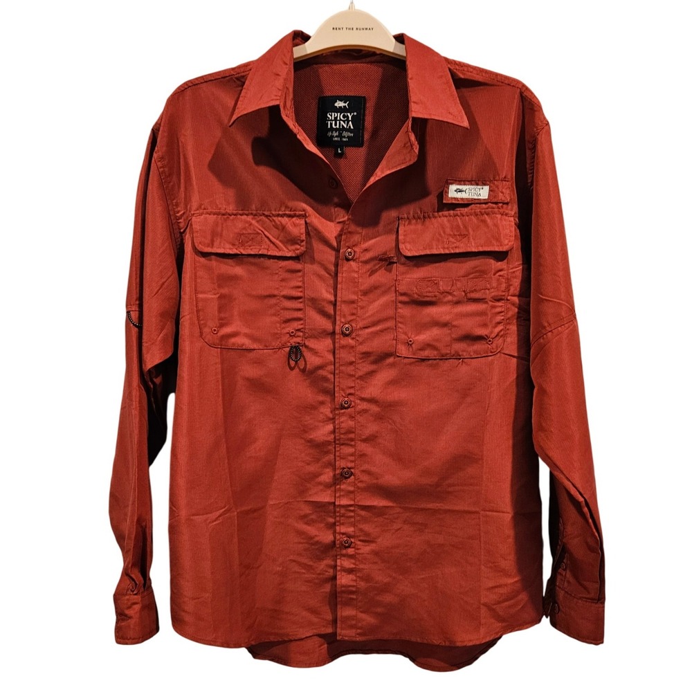 Spicy Tuna Mens Long Sleeve Button Up Fishing Shirt Red Size L angler outdoors
